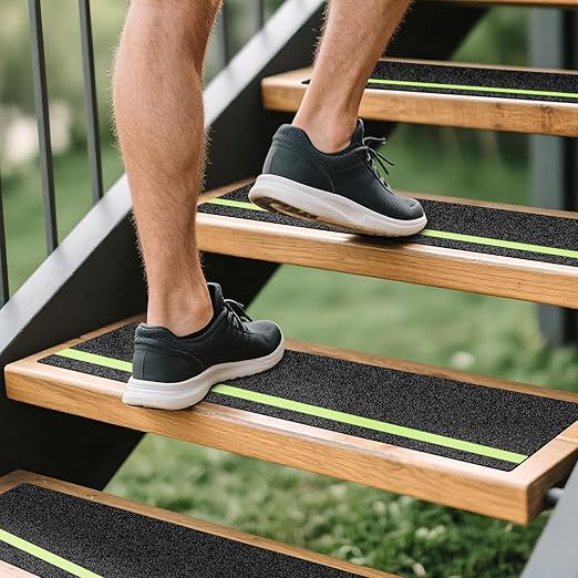 LadyRosian Outdoor Stair Treads Non Slip 5-Pack Black Glow 6" x 30" - Weather Resistant Adhesive Heavy Grip Tape - Waterproof Anti Skid Strips- Glow in The Dark 80-Grit Adhesive Treads