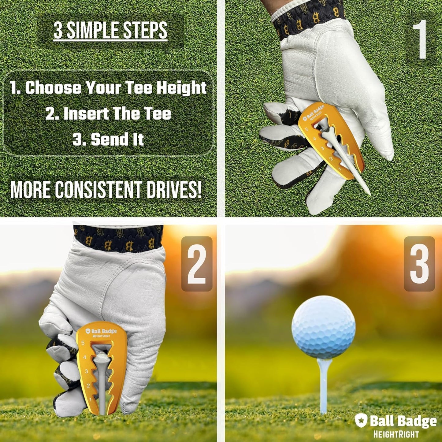 Ball Badge HeightRight Adjustable Golf Tee Height Tool – Precision Tee Height Setter for Consistent Swings, Durable Aluminum Design, Easy-to-Use Golf Training Aid