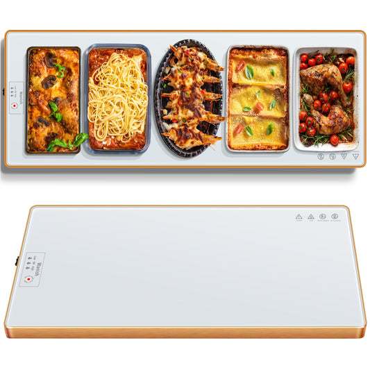 Electric Warming Tray (Extra Long 47.24”x11.81”)，Food Warmers for Parties Buffet & Gathering, Tempered Glass Warming Mat for Food with Adjustable Temperature Modes, White Chafing Dishes