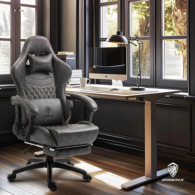 Dowinx Gaming Chair Big and Tall, Ergonomic PC Gaming Chair with Footrest & Massage, Racing Style Reclining Computer Chair for Adults, 400LBS Capacity - Heavy Duty Gamer Chair, Grey