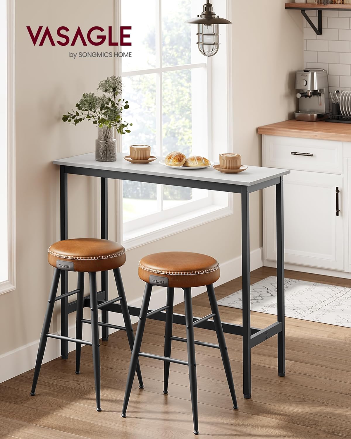 VASAGLE Bar Table, Narrow Long Kitchen Dining Table, Sturdy Metal Frame, Industrial, 15.7 x 39.4 x 35.4 Inches, Rustic White and Ink Black ULBT010B73