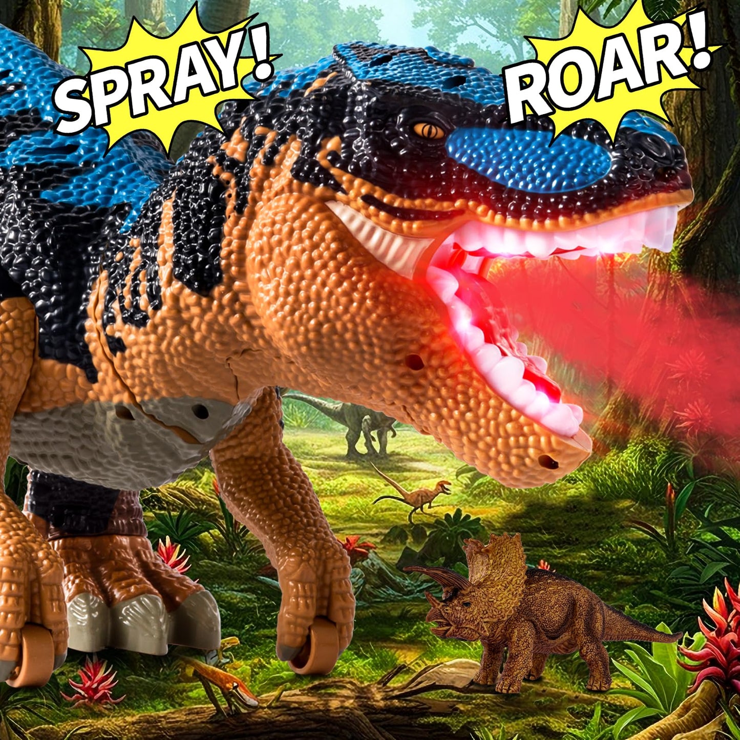 BLmukce 24" Large Dinosaur Toys for Kids 3-5, Big Dinosaur Tyrannosaurus rex Figure Toy with 10+ Dinosaurs Belly Storage, Gliding Wheels, Lights Sounds & Mist Spray – T-Rex that eats Toy for Boys Gift