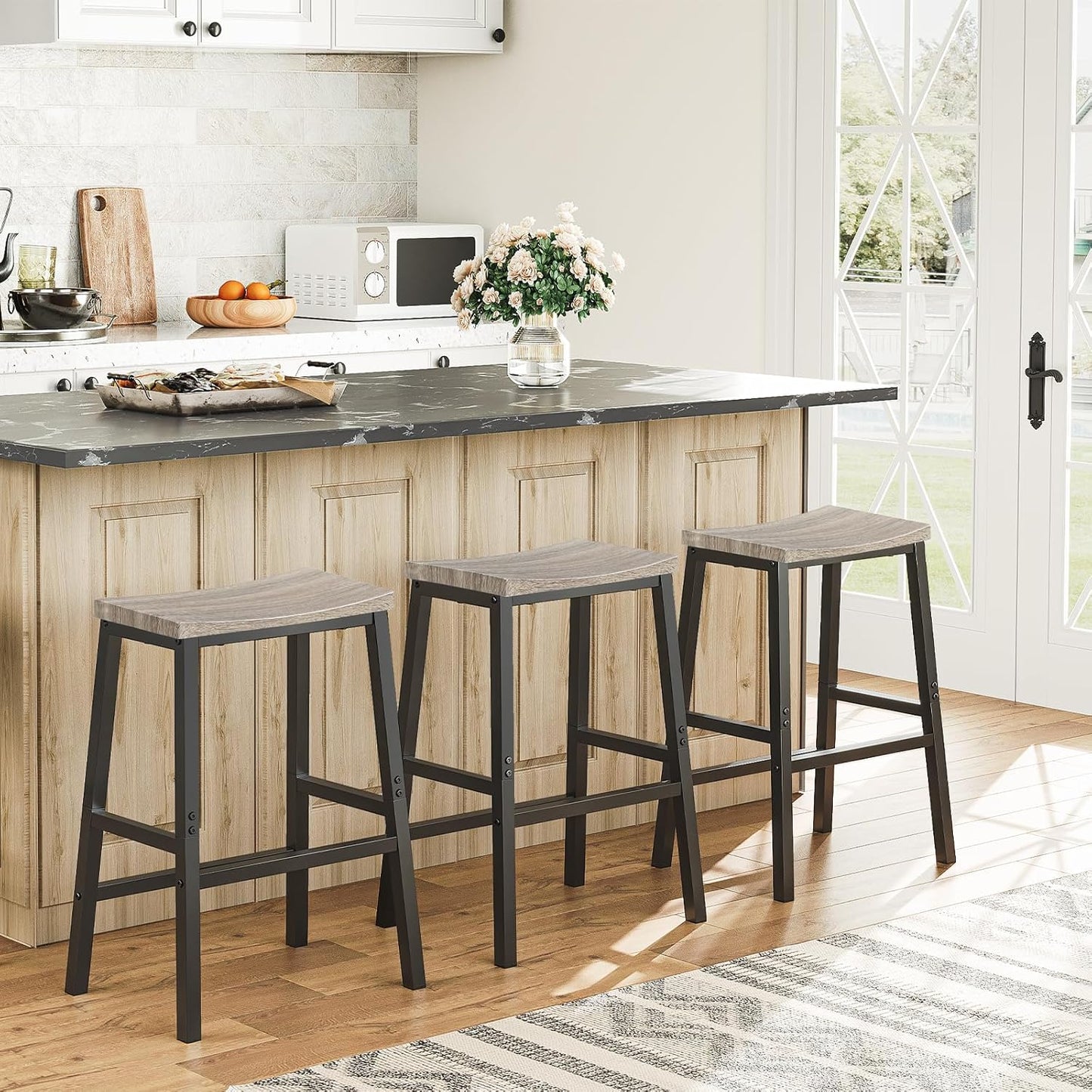 HOOBRO Bar Stools, Set of 2 Chairs, 23.6 Inch Saddle Kitchen Counter Stools With Footrests, Industrial for Dining Room, Kitchen, Counter, Bar, Greige and Black BG02MD01