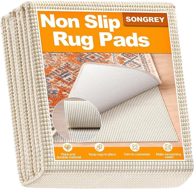 Songrey Non-Slip Rug Pad 7x9 FT, Extra Thick Carpet Pads for Hard Surfaces, Prevents Sliding and Secures Rugs, Provides Floor Protection with Comfort Cushioning