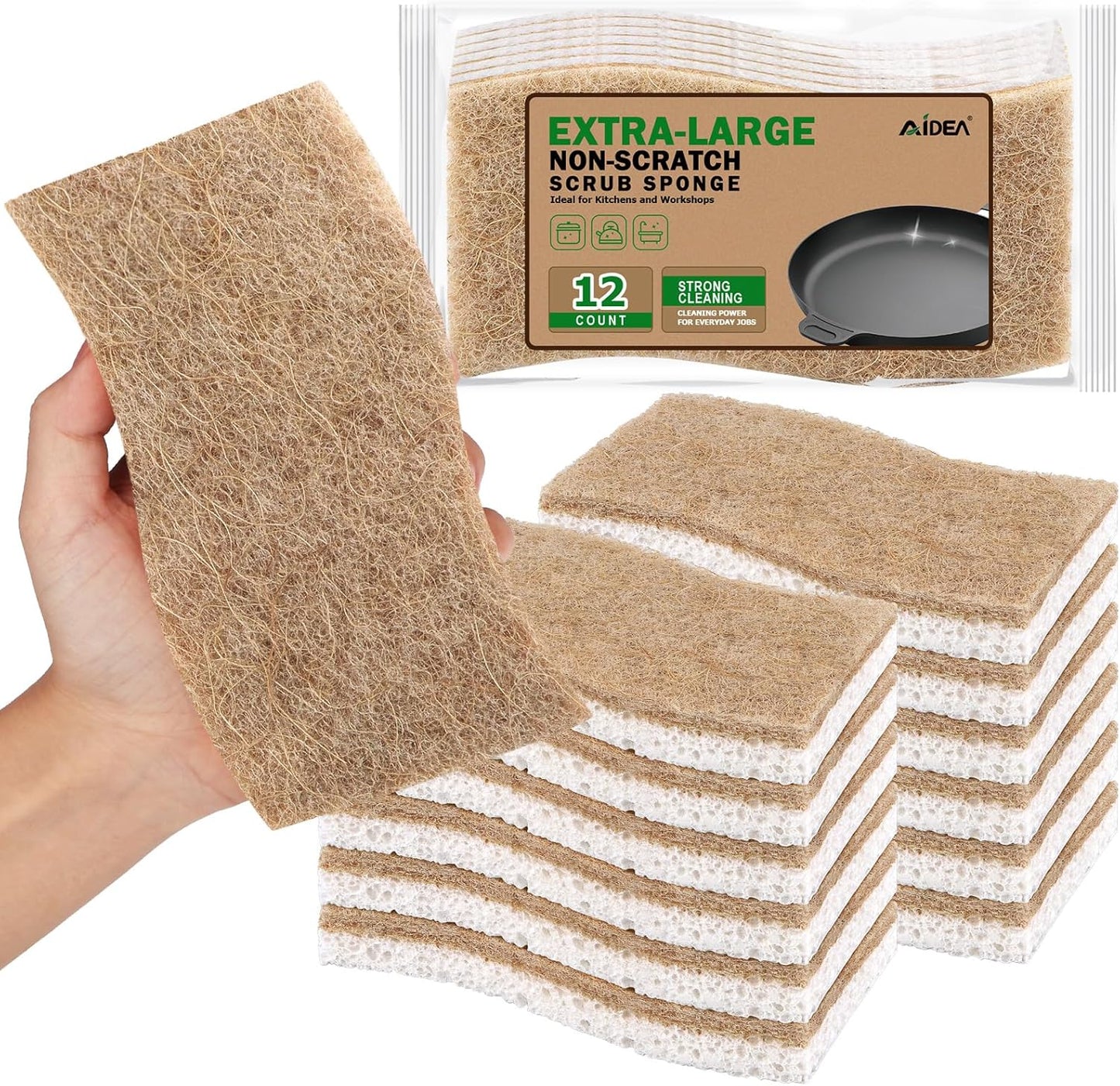 AIDEA XL Sponges Kitchen, 12Count, Non-Scratch Dish Sponges, Large Natural Sponge for Non Stick Cookware, Cellulose Cleaning Sponge for Dishes, Bathroom, Household