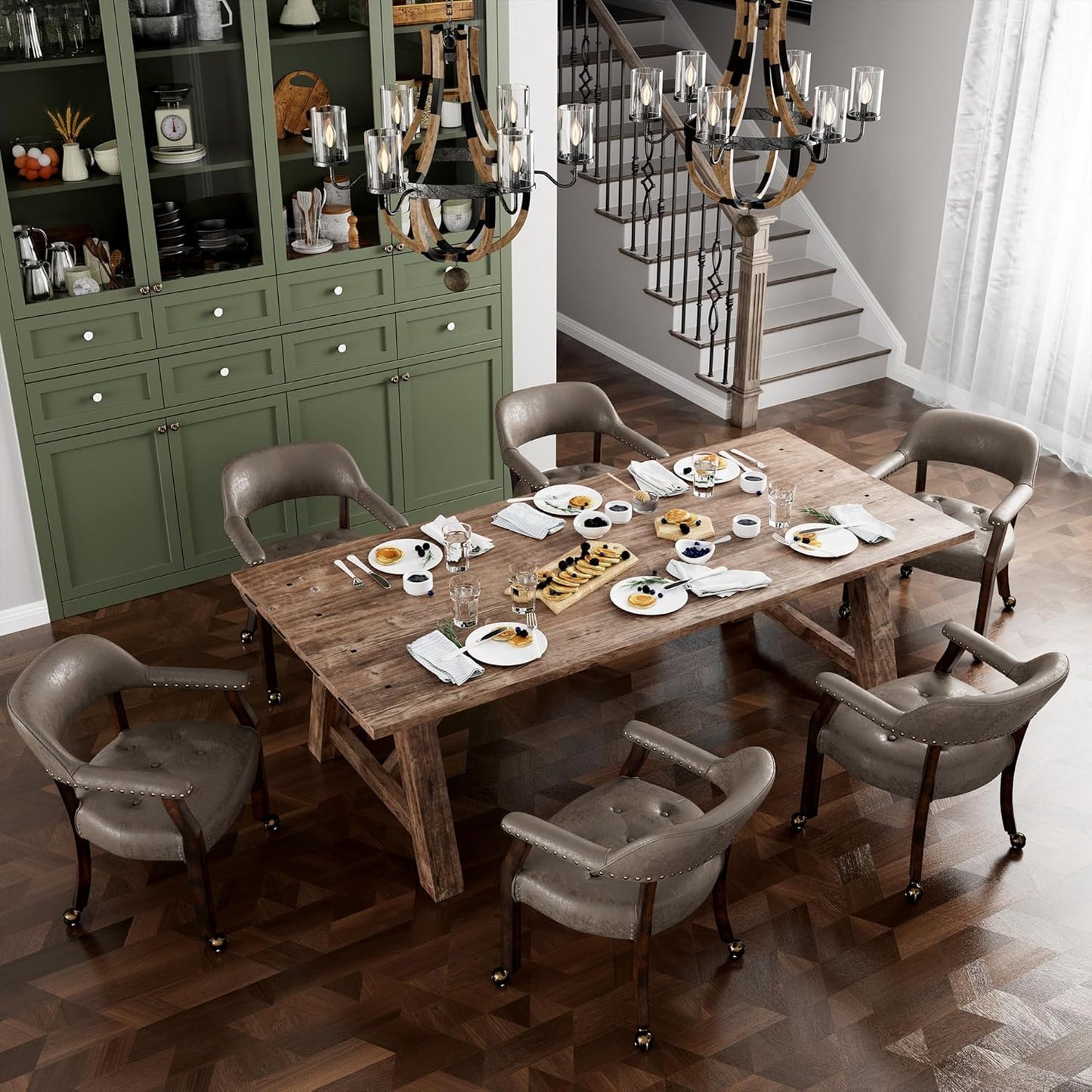 LEEMTORIG Large Dining Chairs with Casters and Arms, Rolling Dining Chairs with Wheels, Boss Caption's Chairs, 26" D x 25.2" W x 31.5" H, Espresso Legs & Dark Brown Fabric SY-318-DK