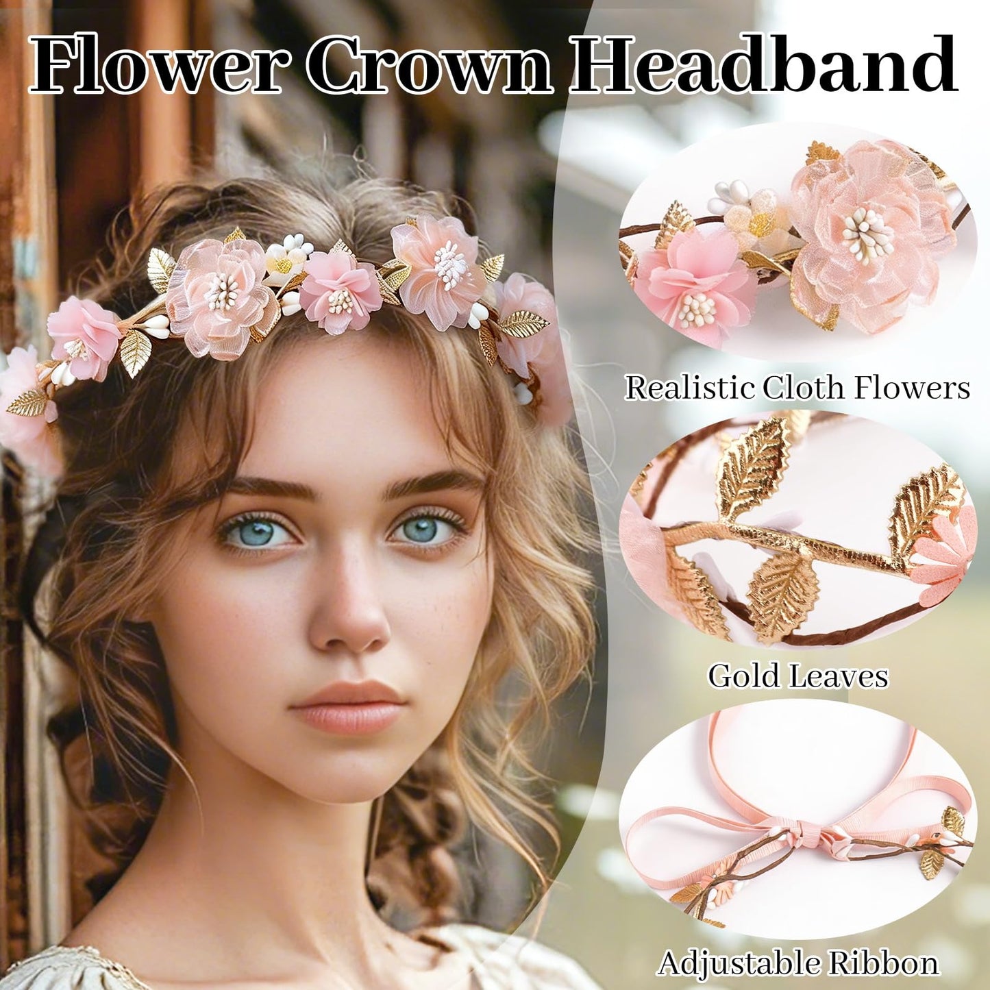 ZWLIYCHN Hot Pink Flower Crown Headband Adjustable Fairy Flower Crown with Golden Leaf Bohemia Floral Halo Headpiece Flower Garland Headband for Boho Wedding Flower Girl Maternity Photo Props