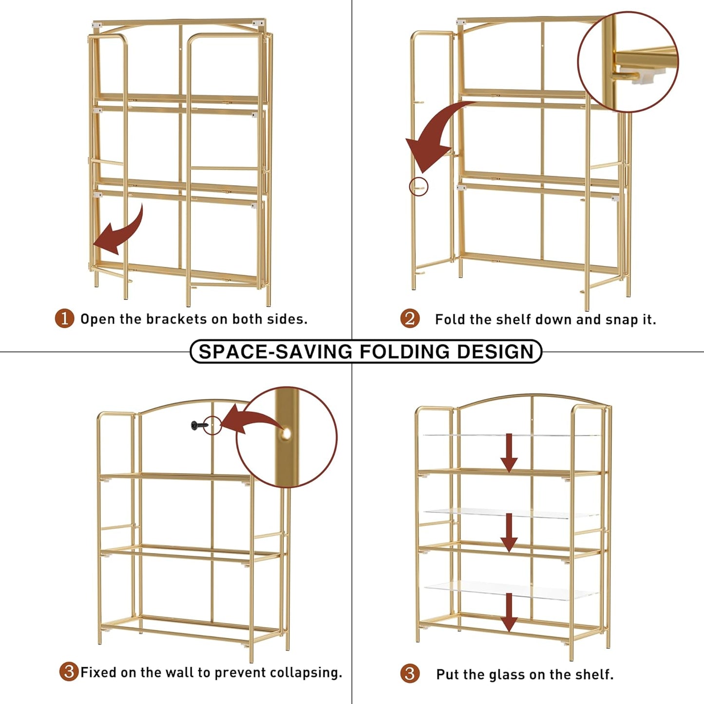 Crofy No Assembly Folding Bookshelf for Living Room, 3 Tier Gold Collapsible Book Shelf for Home Office, Portable Bookcase Storage Organizer