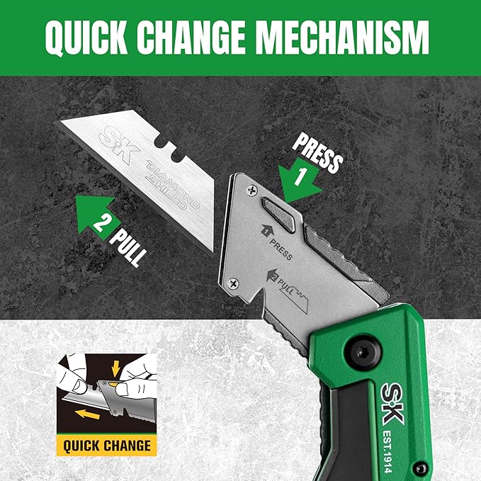 SK Folding Utility Knife with Additional Wire Cutter, Quick Change Box Cutter with Liner Lock & Belt Clip, Lightweight Aluminum Handle