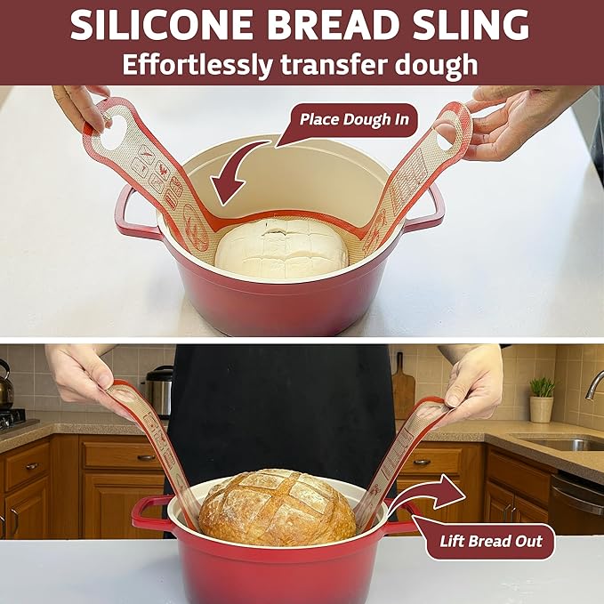 Silicone Bread Sling for Dutch Oven, 2 PCS Non-Stick Reusable Bread Baking Mats with Long Handles, Seamless Design Easy to Transfer Sourdough Sling Silicone Sourdough Sling Dough (Round Red, Gray)
