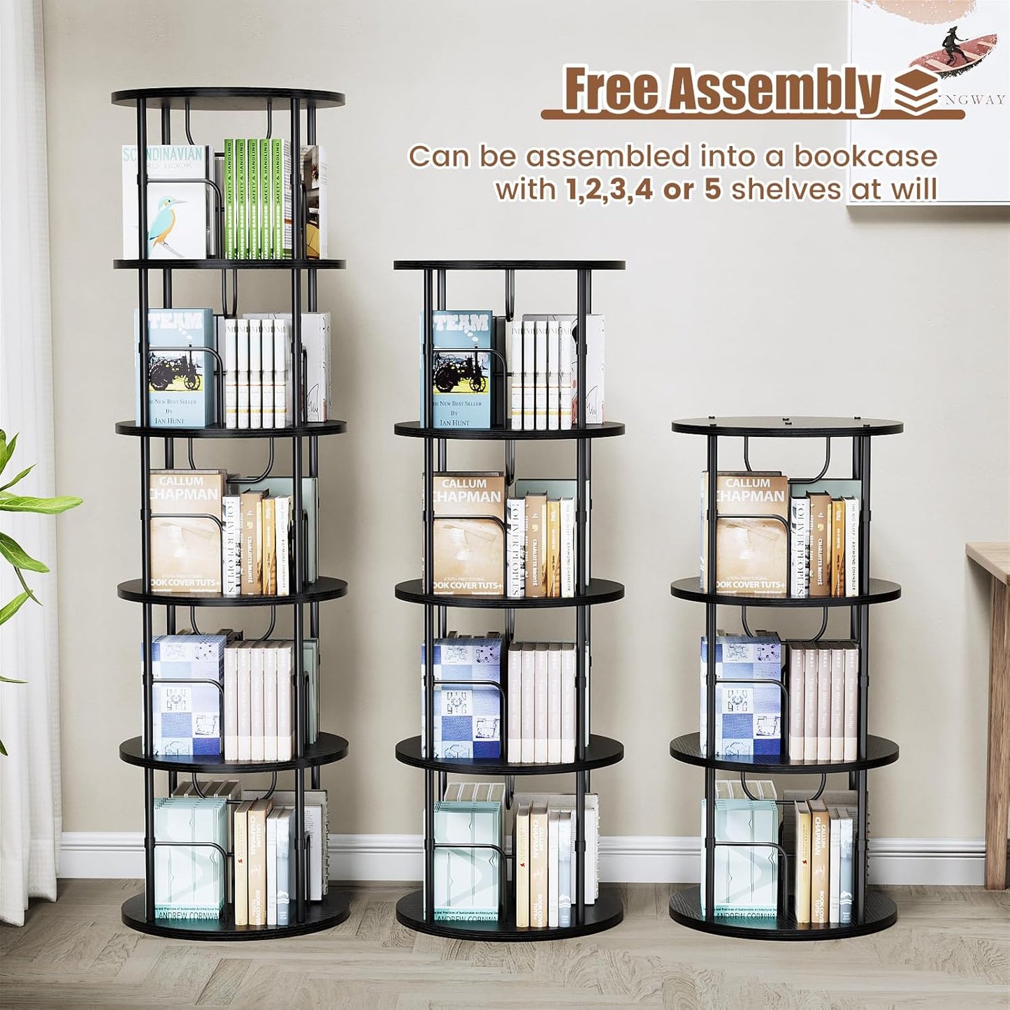 Rotating Bookshelf, 3 Tier Round Revolving Bookcase with Special Visible Partition Storage, 360° Display Spinning Small Bookshelf Tower Book Shelf Organizer for Bedroom, Small Space, Black
