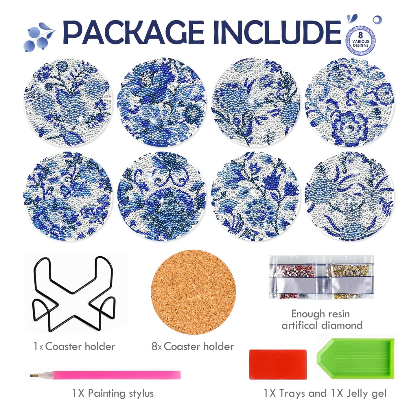 INCOK Blue Flower Diamond Art Coasters - 8 Pcs Diamond Painting Coasters Kits with Cork Base Home Table Decor DIY Crafts Party Supplies Mother's Day Birthday Gift for Adult Beginners