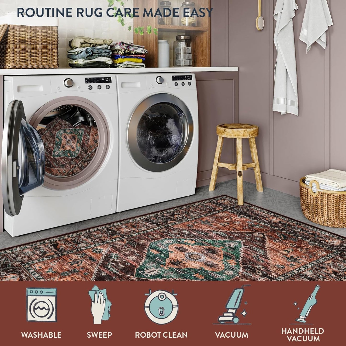 Lahome 8x10 Ultra-Thin Living Room Rug （Non-Slip Washable Non-Shedding）（Oriental Vintage Distressed Carpet for Dining，Bedroom，Office）
