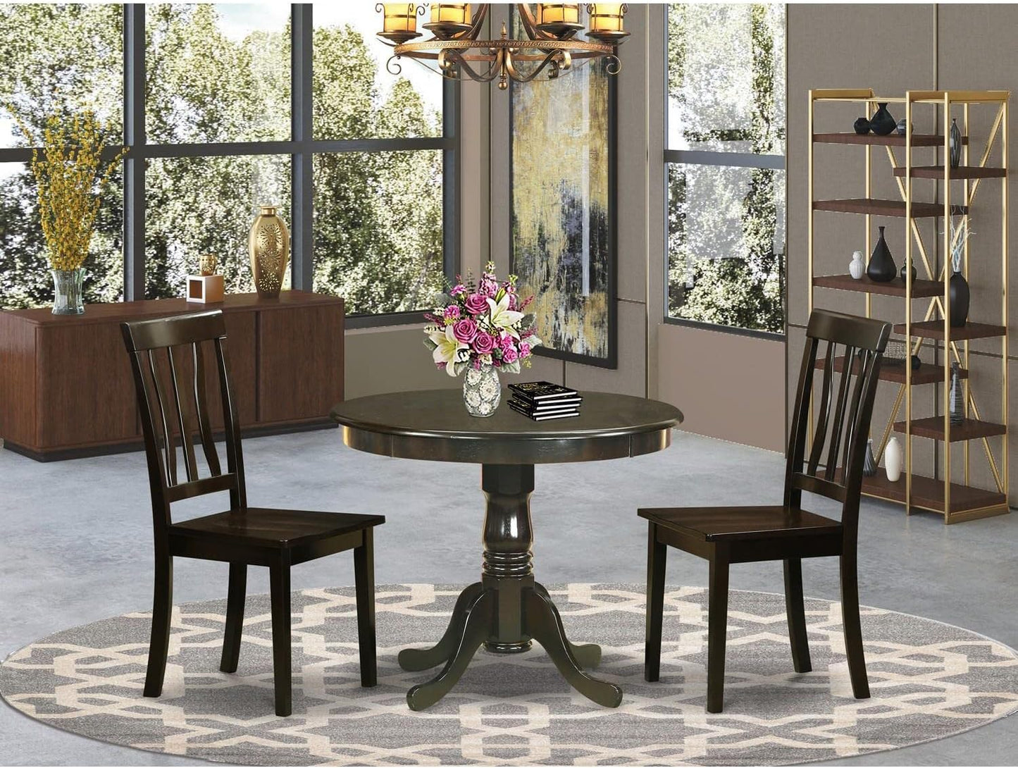East West Furniture ANTI3-CAP-W 3 Piece Dining Set Contains a Round Kitchen Table with Pedestal and 2 Dining Chairs, 36x36 Inch, Cappuccino