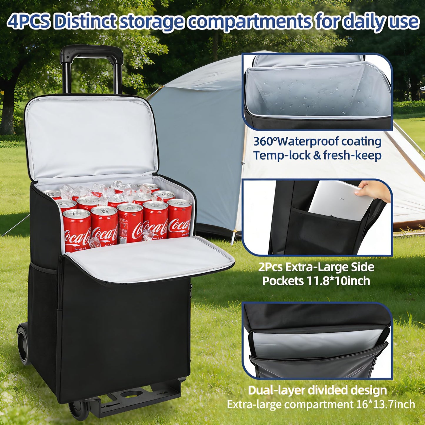 114-63L Cooler on Wheels with Handle, Insulated Leakproof Soft Cooler Carry Bag with Wheels and Handle Collapsible, Wheeled Cooler, Rolling Cooler Bag for for Camping, Fishing, Travel