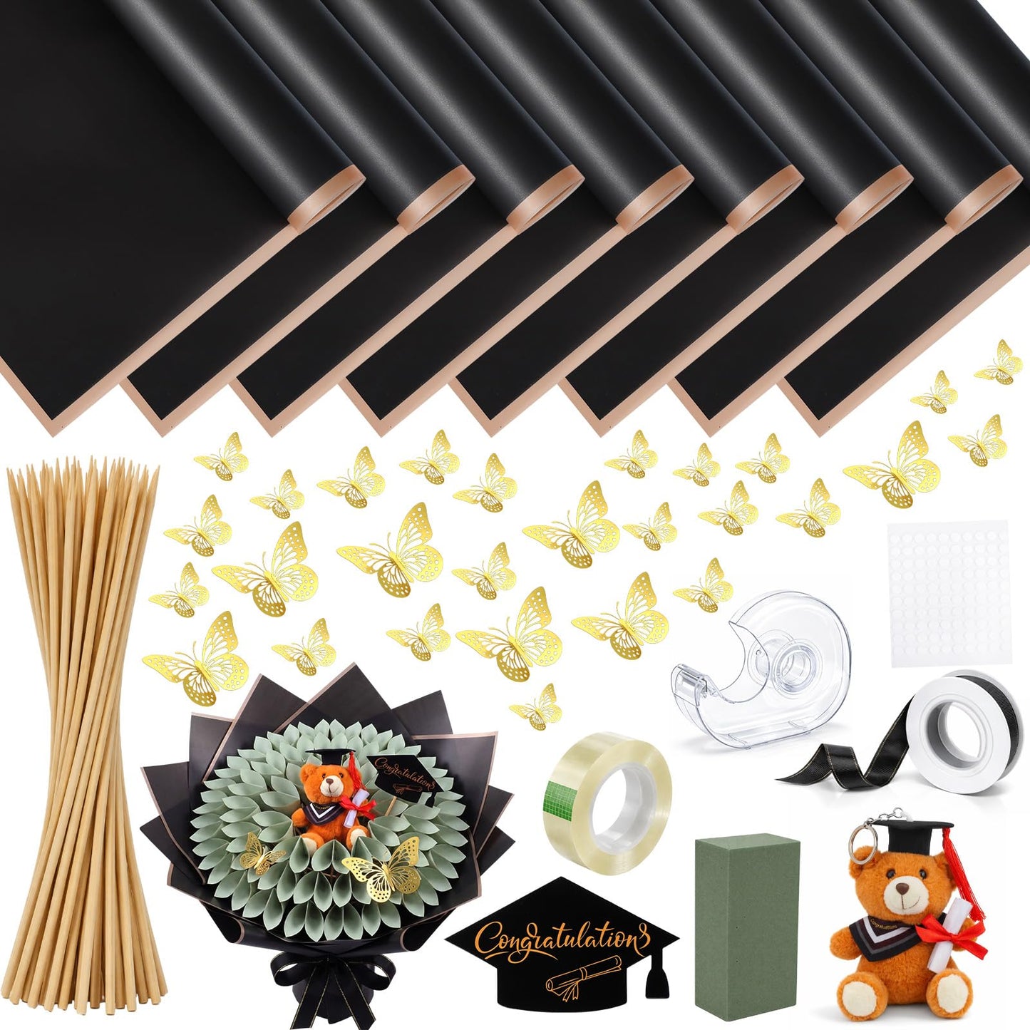 Suncalla 119 Pcs Graduation Gifts Money Bouquet Kit Class of 2026 Black Gold DIY Flower Wrapping Paper DIY Bouquet with Congrats Grad Card for Middle High School College Women Men