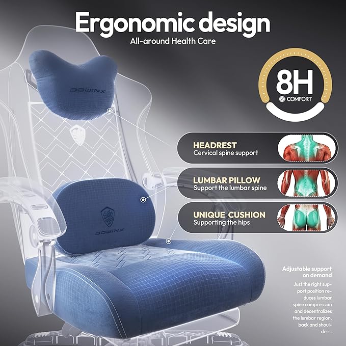 Dowinx Gaming Chair with Heated Massage Lumbar Support,Big and Tall Fabric Gaming Chairs for Adults with Footrest, Ergonomic Computer Game Chair with Poket Spring Cushions, 350lbs, Blue