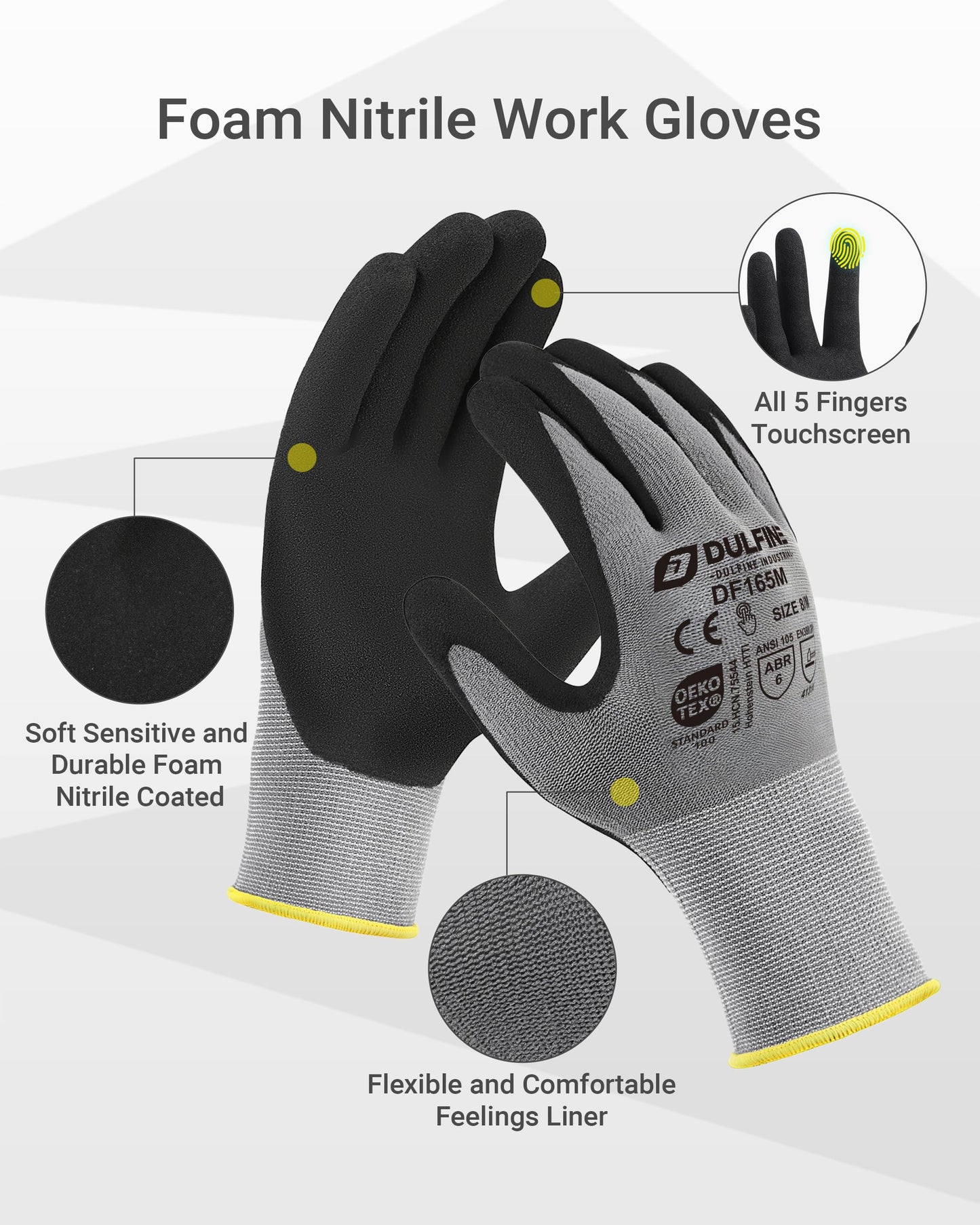 DULFINE Work Gloves for Men and Women,Grey Knit Nylon Glove with Touchscreen MicroFoam Nitrile Coated-6 Pairs Pack,Ideal for General Purpose,Automotive,Home Improvement,Painting(Small)