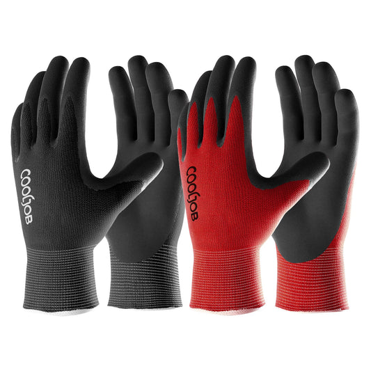 COOLJOB Gardening Gloves for Men, 2 Pairs Breathable Rubber Coated for Garden Weeding Landscaping, Outside Work for Lawn Yard, Men's Large Size, Black & Red
