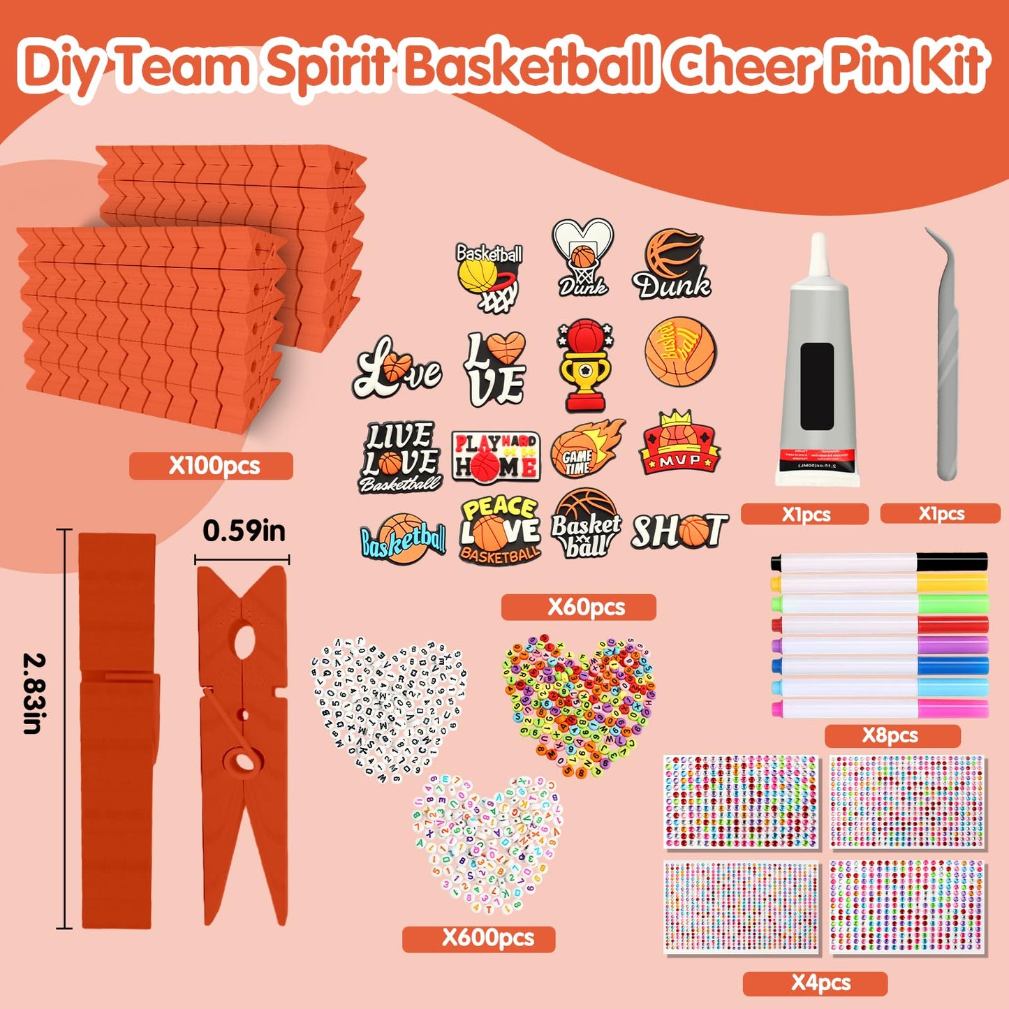 Bumaeu 100 Set Cheer Pin Kit Spirit Clips Includes Wooden Clothes Pins Mini Basketball Patch Beads and Rhinestone Stickers for Basketball Cheer Gifts Backpacks Ribbon Decorations Bulk Team Gifts