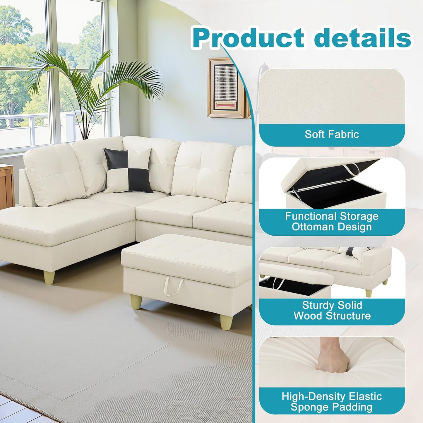 L Shaped Couch Faux Leather Sectional Couch Upholstered 3 Pieces Sofas for Living Room with Chaise, Storage Ottoman for Office and Small Apartment, White