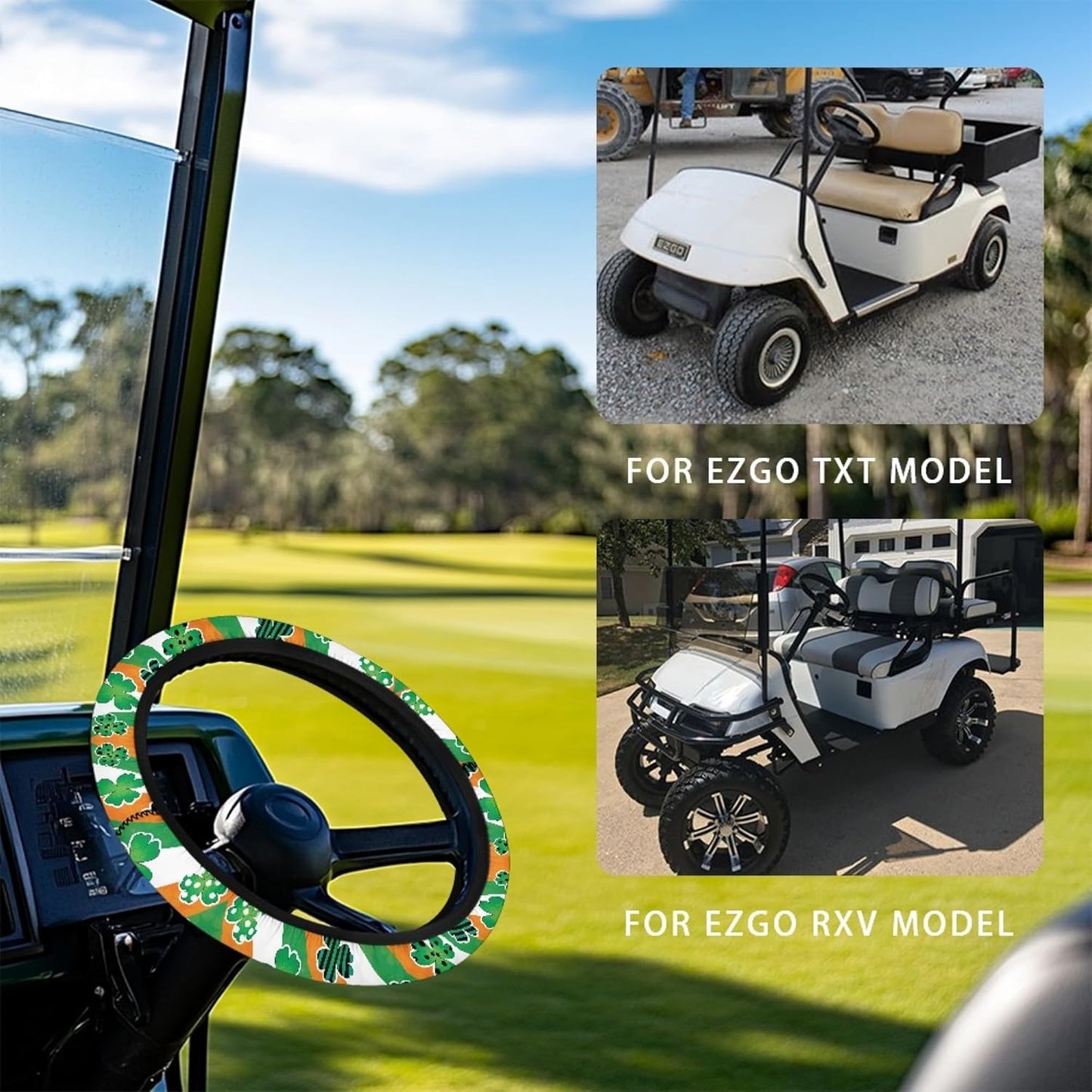 St. Patrick's Day Golf Cart Steering Wheel Protector Cover Green Leaves Golf Cart Steering Wheel Covers Fit 13-14 Inch Car Steering Wheel Covers for Club Car Sweat Absorption