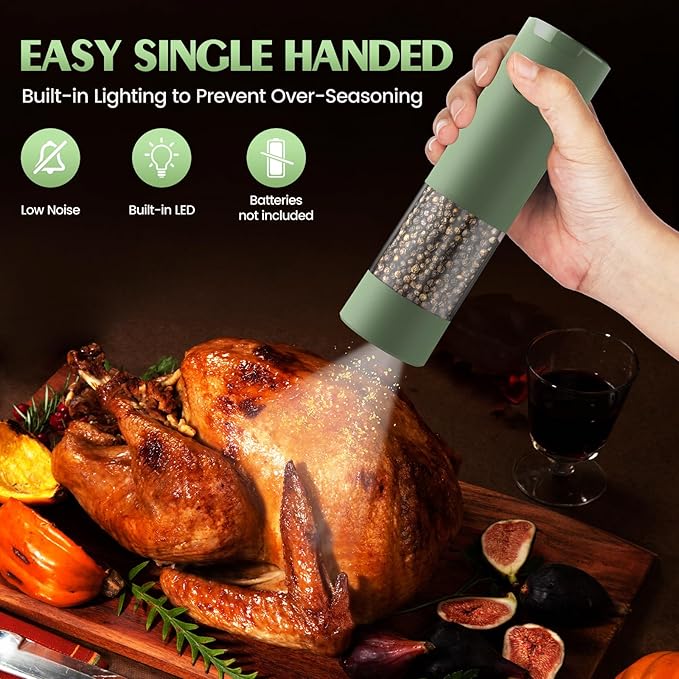 Salt and Pepper Grinder Set Mom Christmas Gifts, Electric Automatic Green Salt Pepper Shakers Home Kitchen Gadgets for New Home, Adjustable Coarseness Pepper Grinder Kitchen Appliances