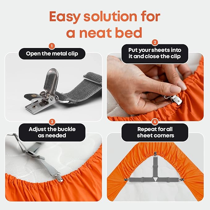 5 STARS UNITED Bed Sheet Straps Set | Easy to Use Adjustable Elastic Fasteners with Metal Clips | Sheet Holders for Corners | Fitted Sheet Clips to Hold Sheets in Place | (4 Pcs Grey)