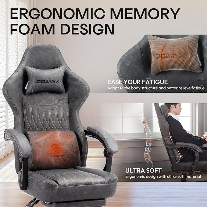 Dowinx Gaming Chair Breathable PU Leather Gamer Chair with Footrest Massage Lumbar Support, Big and Tall Ergonomic Reclining Computer Chair with Pocket Spring Cushion for Adults Teens (Grey)
