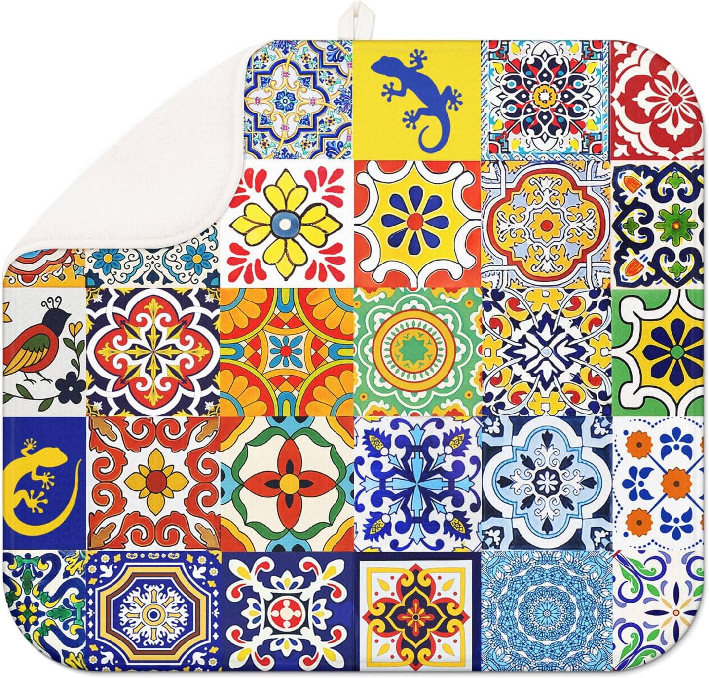 Mexican Tiles Drying Mat 16" X 18" Vintage floral Kitchen Counter Stone Dish Drying Mats For Kitchen Counter Xmas Drying Mats For Home Counter Drying Mats For Dishes Dish Table Mat Drying Mat