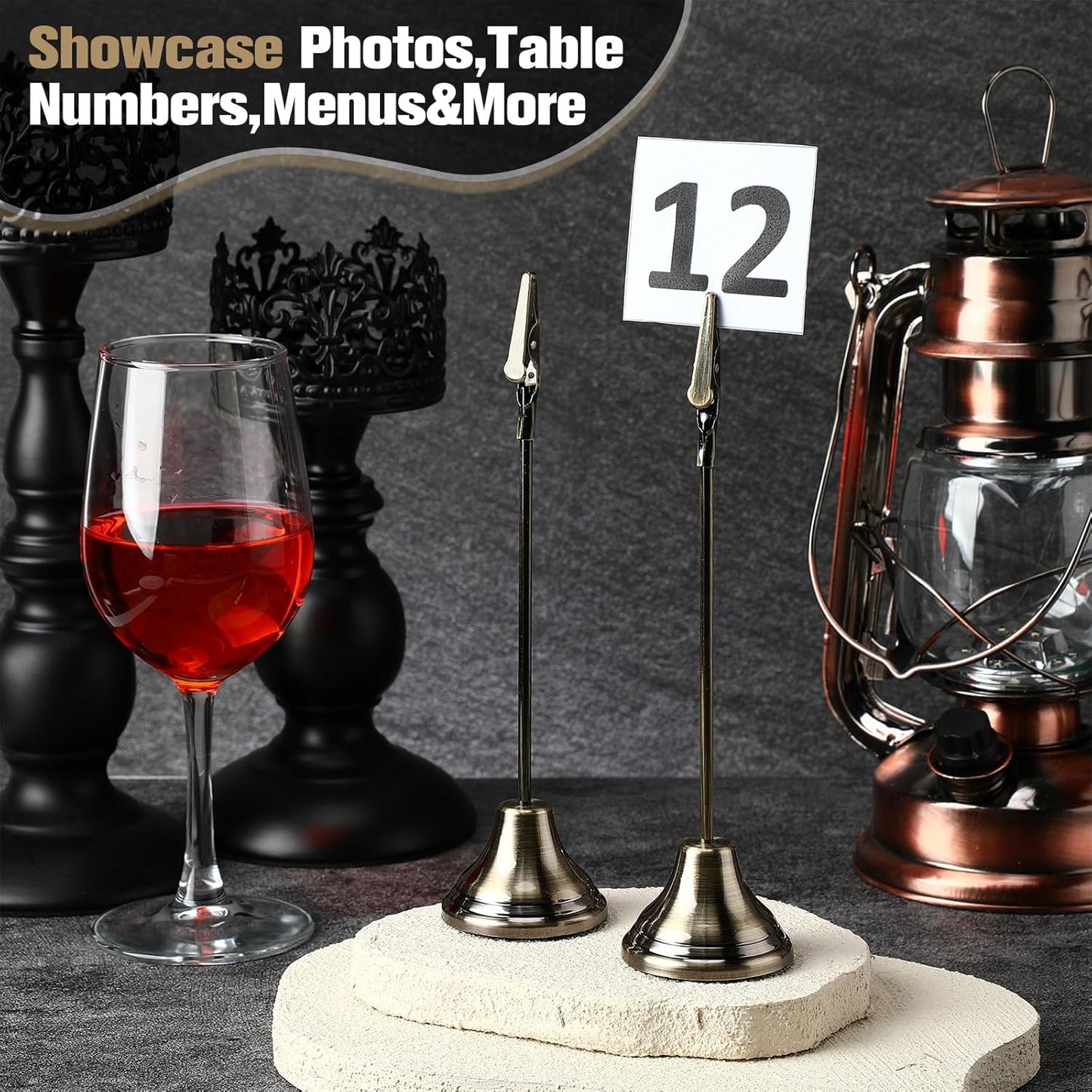 Skyygemm 12 Pcs Table Number Holders 8 Inch Place Card Holder with Alligator Clip Metal Table Card Holders Table Number Stands Table Sign Holders for Photos, Food Signs, Birthdays, Weddings (bronze)
