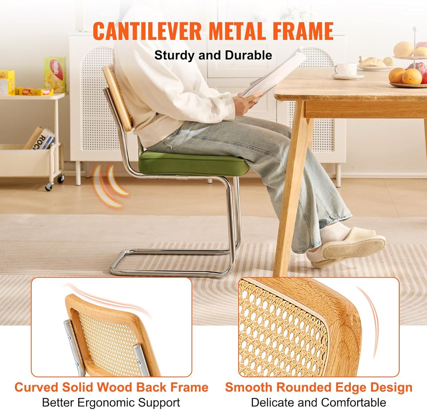 VEVOR Rattan Dining Chairs Set of 4, Mid Century Modern Dining Chair, Upholstered Velvet Accent Chair with Rattan Back, Retro Dining Room Kitchen Chair for Living Room, Bedroom (18.1 Inch)
