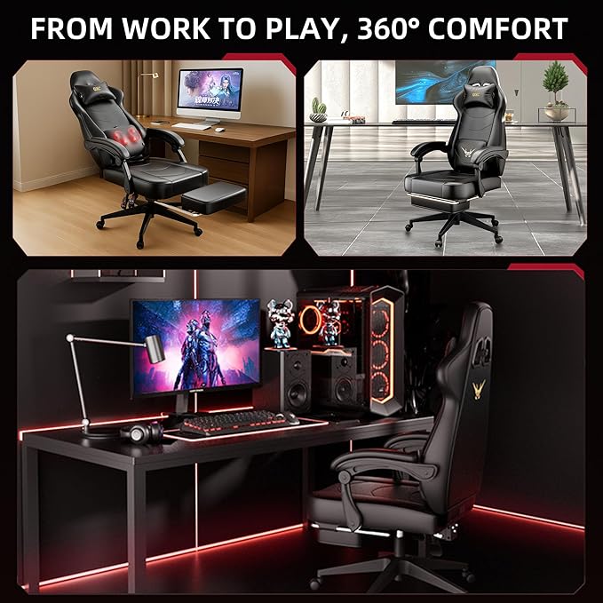 Ergonomic Gaming Chair with Lumbar Massage & Heat, 3D Adjustable Backrest, Thickened PU Leather Seat, Hidden Footrest and Silent Casters for Office/Home (63-77in)