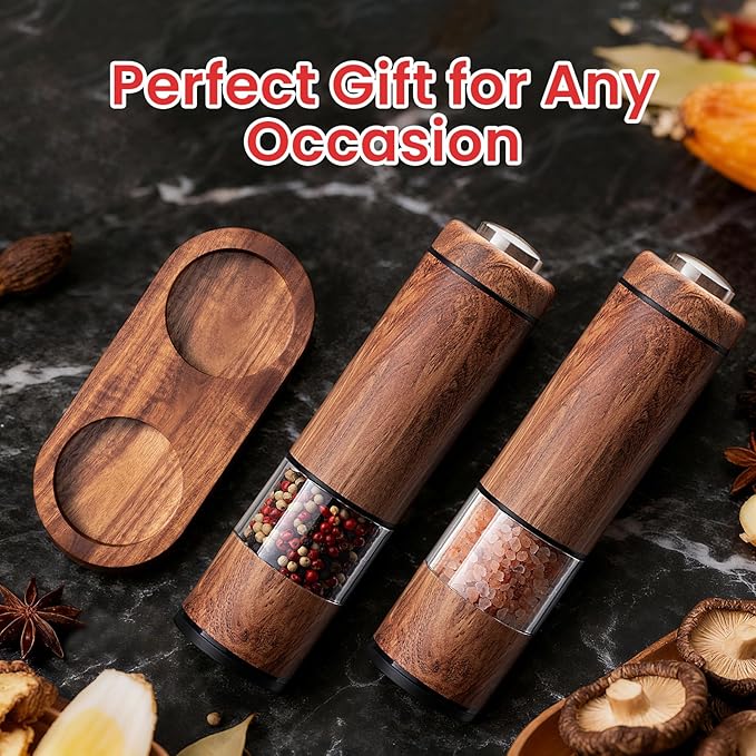 Electric Salt and Pepper Grinder Set, Automatic Salt and Pepper Grinder Set with Wood Base, Adjustable Coarseness, LED Light, One Handed Operation Electric Salt and Pepper Shakers(Wood Grain)