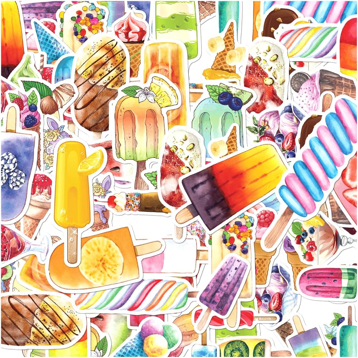 Colorful Ice Cream Popsicle Treats Illustration Vinyl 50pcs Stickers Pack for Kids Teens Scrapbooking Laptop Water Bottle Journaling Wall Decoration Phone Case Bike