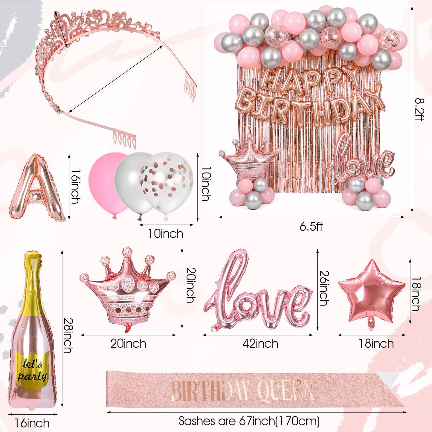 Ckhoid 60PCS Birthday Party Decoration Rose Gold Party Backdrop with Happy Birthday Banner Pink Fringe Curtain Foil & Confetti Crown Wine Bottle Lipstick Birthday Balloons for Women Birthday Party