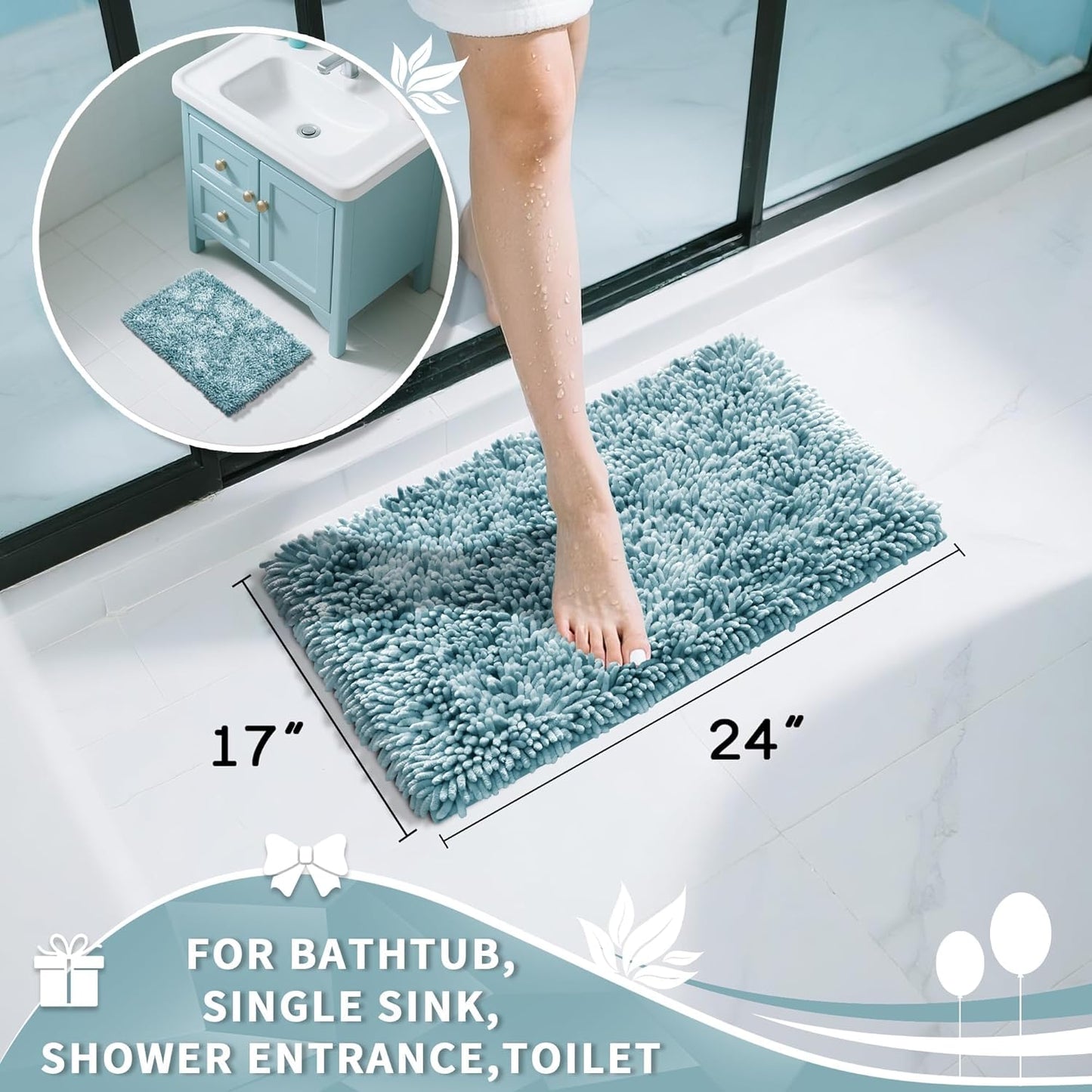 Yimobra Chenille Bathroom Rugs Non Slip, Extra Thick Soft Absorbent Bath Rug, Machine Washable Quick Dry Bath Mat for Bathroom Floor, Tub and Shower, Home Decor Accessories, 24x17, Greyish Blue
