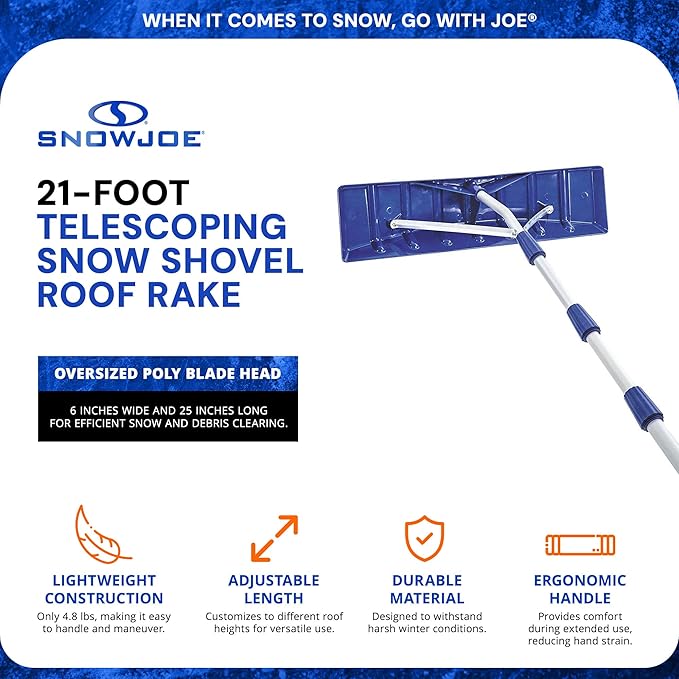 Snow Joe Telescoping Roof Rake, Extendable Leaf & Snow Shovel with Poly Blade, 25 Inch Wide, RJ204M
