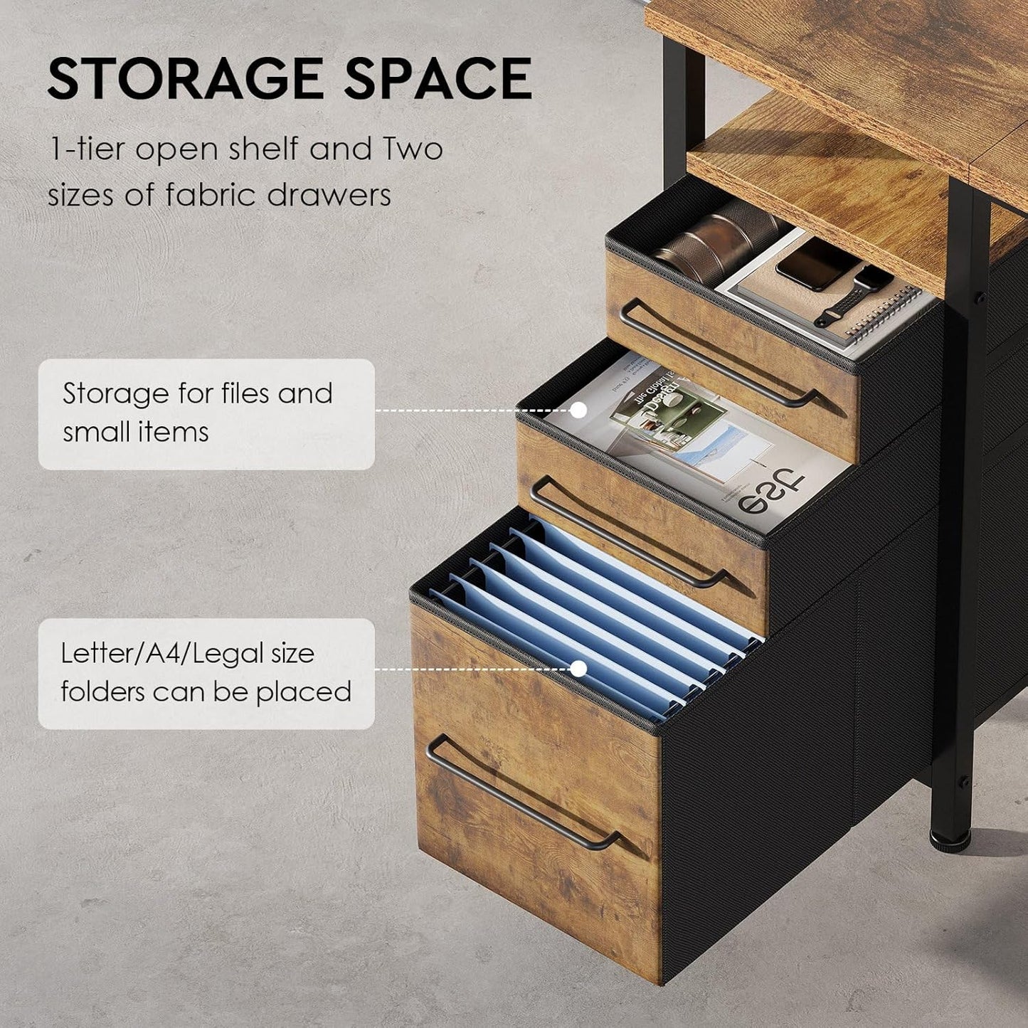 Ｍａｉｈａｉｌ Maihail Small Desk with Drawers, 40 inch Computer Desk with Shelves, Writing Desk with Storage, Small Office Desk with Metal Frame, Rustic Brown2