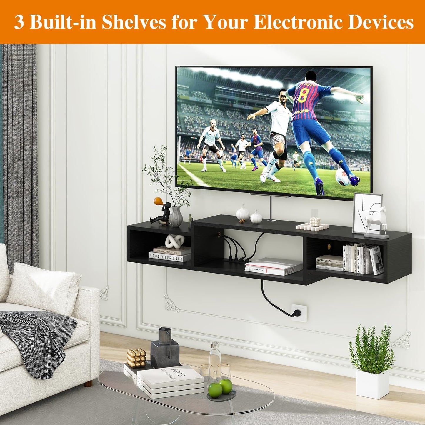 IBUYKE 59" Floating TV Stand Wall Mounted with Power Outlet,Wood Wall Mounted Media Console Shelf,Floating Entertainment Center for Under TV Storage for Living Room Bedroom Office,Black WST007B