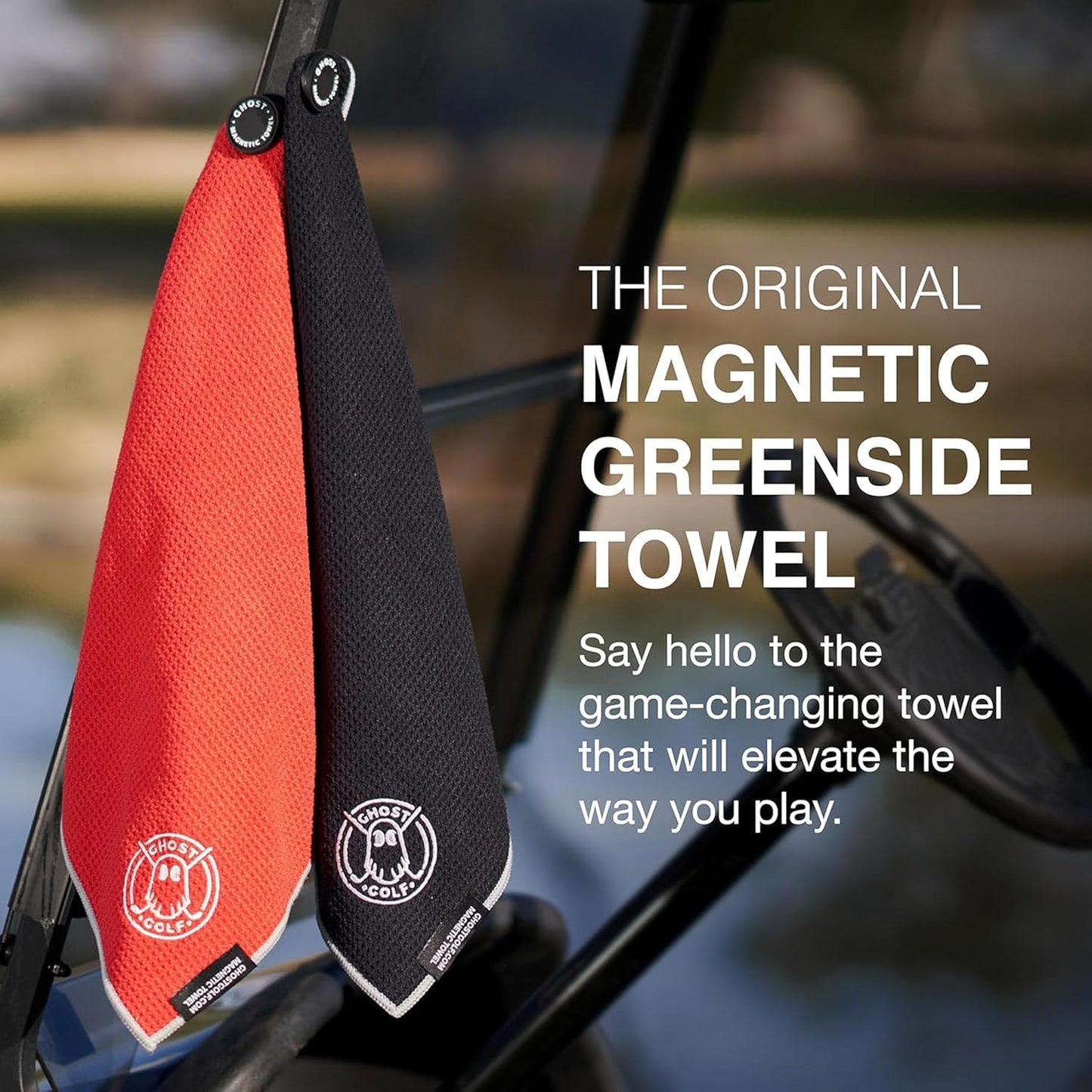 Ghost Golf Magnetic Towel (Greenside) - Premium Ultra-Absorbent Microfiber Golf Towel with Magnet for Golf Carts or Clubs - 18" x 18" Golfing Gear - Waffle Weave Pattern (Black)