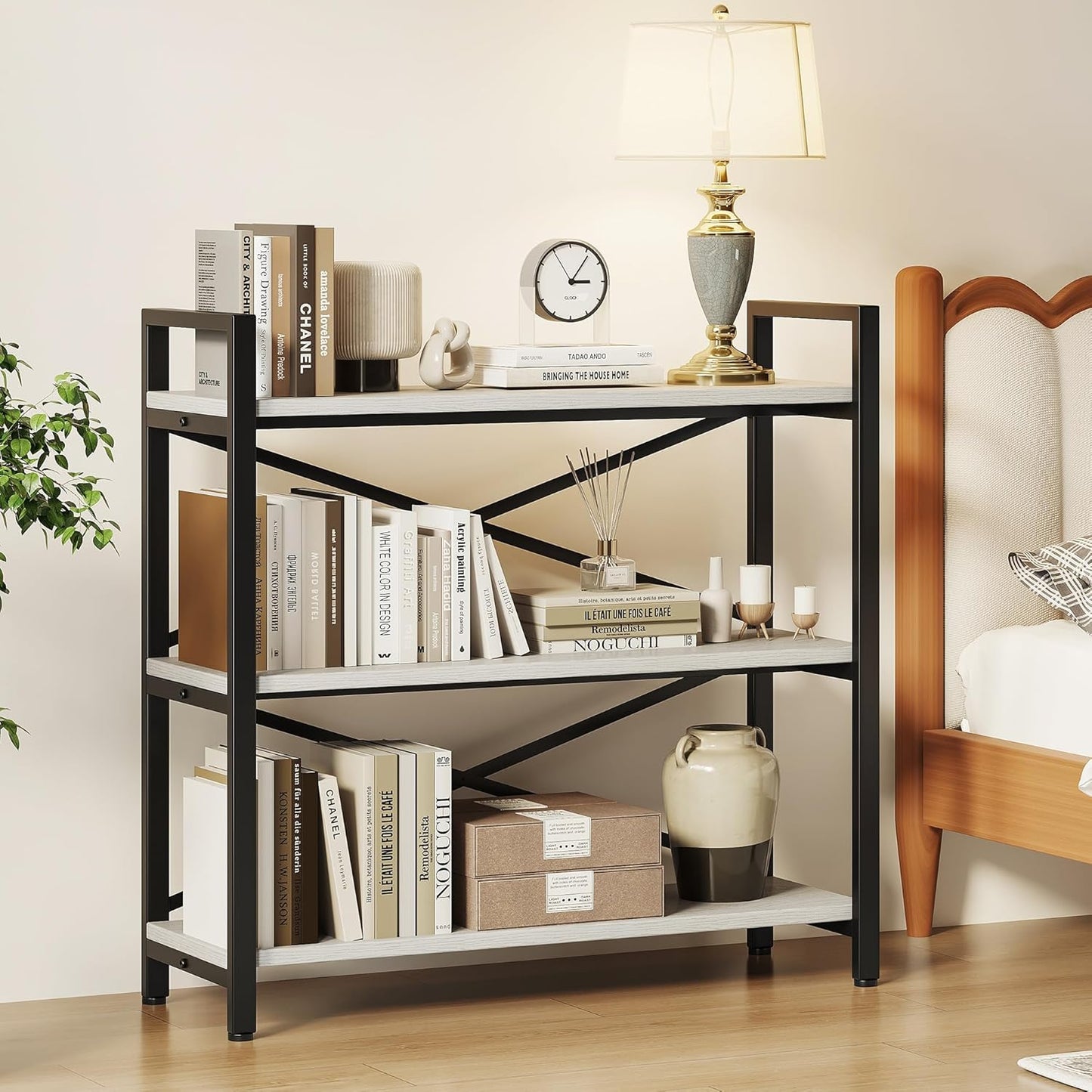 Homeiju 3 Tier Bookshelf 31.49" Width, Wood and Metal Etagere Bookcase, Vintage Farmhouse Modern Wooden Big Book Shelf for Home Living Room Bedroom Office Storage(White)