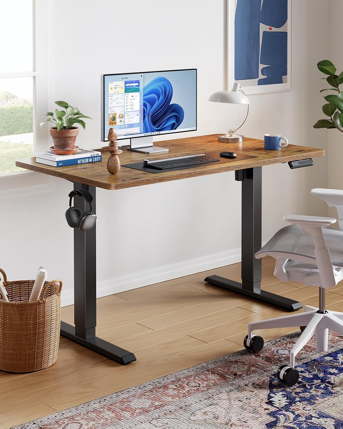 HUANUO 48" x 24" Electric Standing Desk Adjustable Height, 4 Memory Height Settings, Headphone Hook, Cable Manager, Sit Stand Up Desk for Home Office & Computer Workstation, Vintage Brown