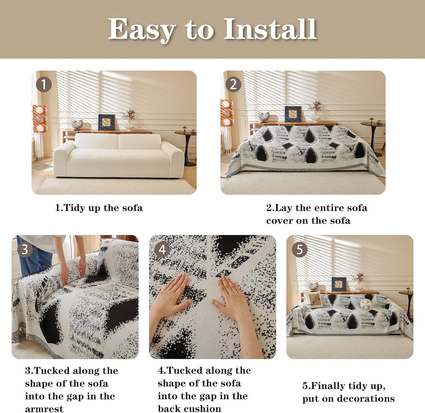 MYSKY HOME Boho Couch Cover for Dogs Washable Black Rhombic Couch Sofa Protector for Loveseat Sofa with Pets Friendly Chenille Geometric Sofa Covers Soft Durable Farmhouse Sofa Slipcovers, 71" X102"