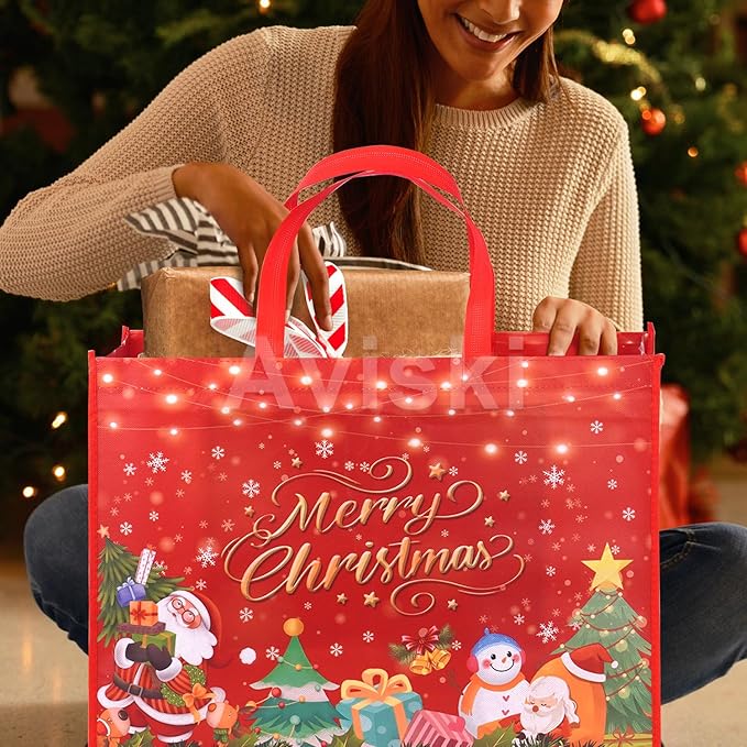 Aviski 3PCS Giant Christmas Gift Bags, Assorted Sizes, Heavy Duty Tote Grocery Treat Sewing Non-Woven Jumbo Bags with Handles for Gifts Wrapping Shopping, Xmas Party Supplies