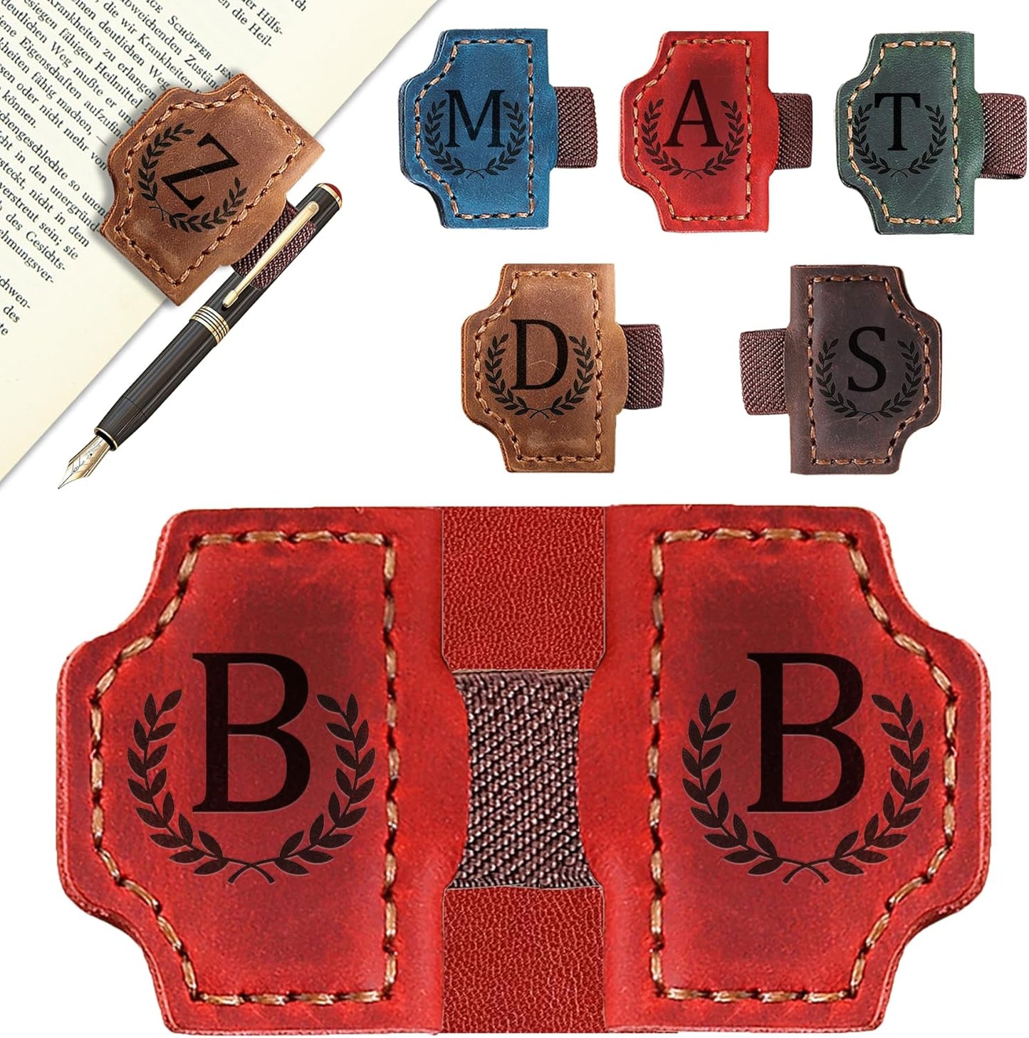 Bygone Mark Bookmark with Pen Holder, 26 Letters Name Initial Personalized Magnetic Bookmarks, Leather Book Mark for Men Women, Travelers Accessories, Teachers Readers Book Lovers Gifts (Red, B)