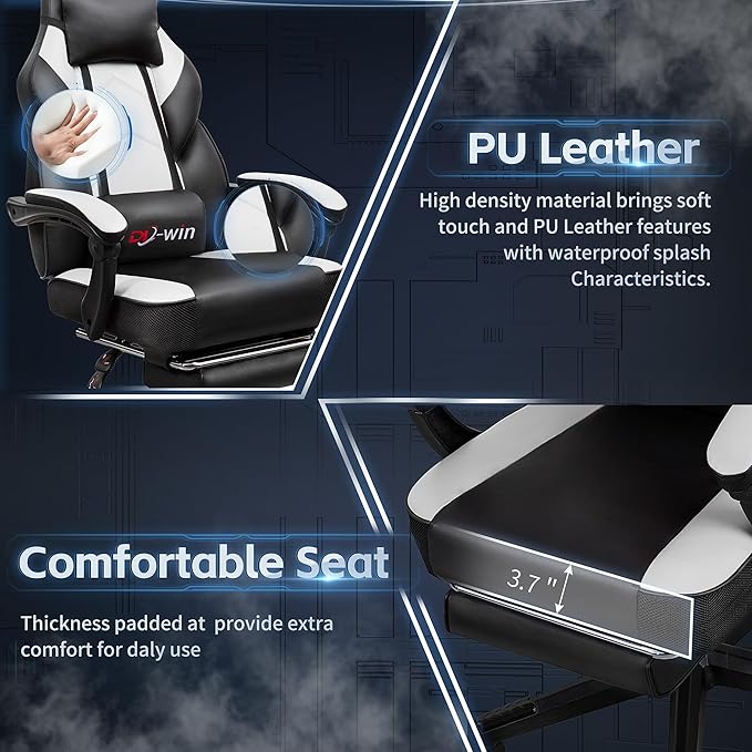 Video Gaming Chair for Adults, Computer Chair with Footrest and Ergonomic High Back, Big and Tall Gamer Chair with Massage Lumbar Support, 360° Swivel Height Adjustable Computer Chair, White