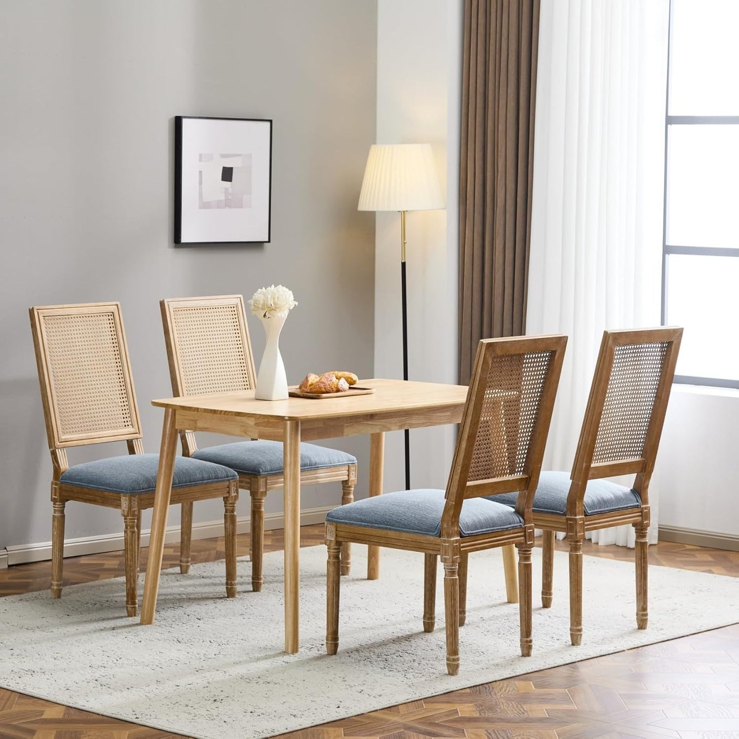 Merax Upholstered Solid Wood Dining Chairs Set of 4, French Country Style Accent Side Seating Furniture for Kitchen, Living Room, Wicker Back, Slate Blue