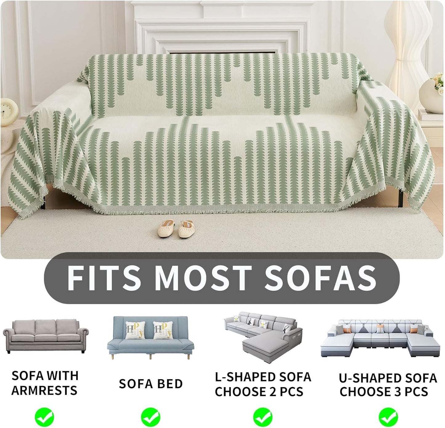 HAOMAIJIA Boho Sofa Covers Couch Covers for 2 Cushion Couch Sofa Pet Friendly Soft Thick Non Slip Couch Cover for Dogs Washable Sectional Couch Covers L Shape Furniture Protector (Green, 71"x102")