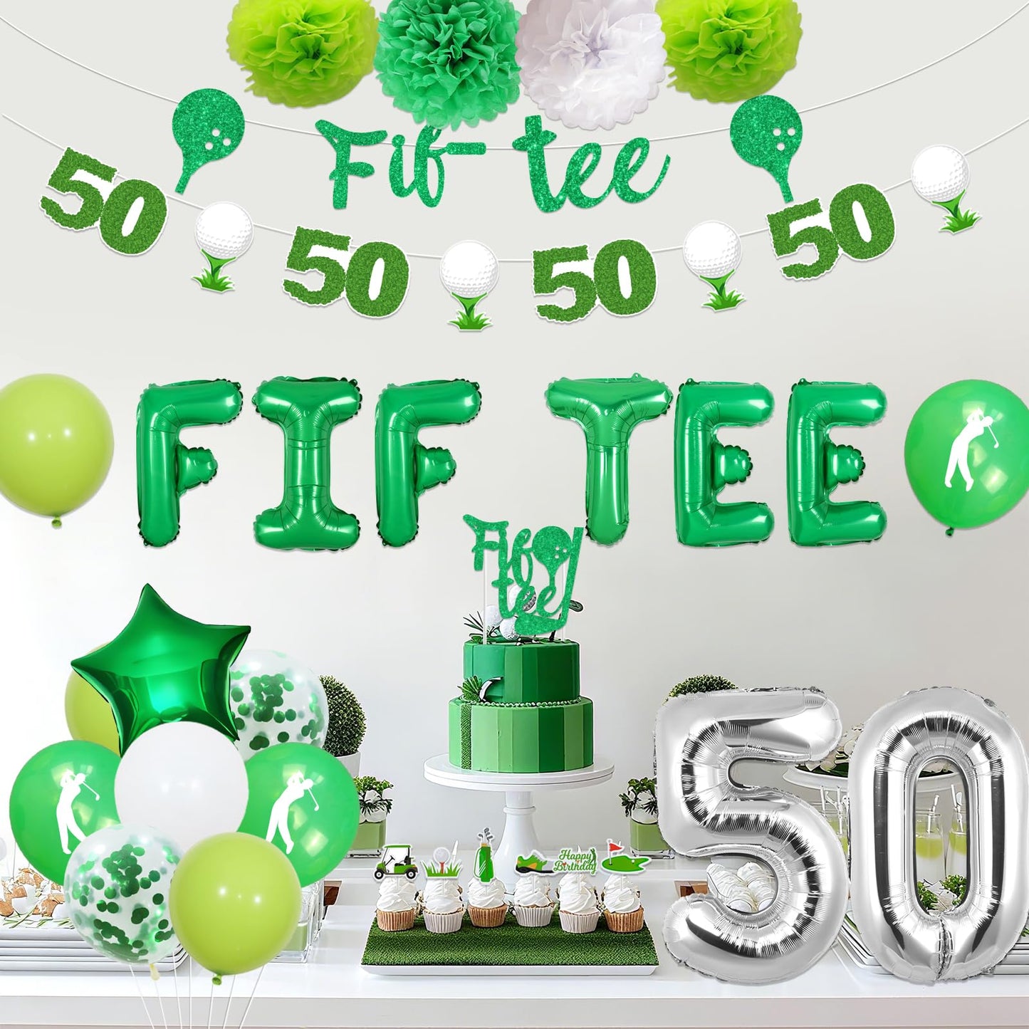 Golf 50th Birthday Party Decorations Fiftee Golf Banner Fif Tee Cake Topper Golf Theme Cupcake Toppers Garland Pom Poms for Women Men Sports 50th Birthday Party Supplies